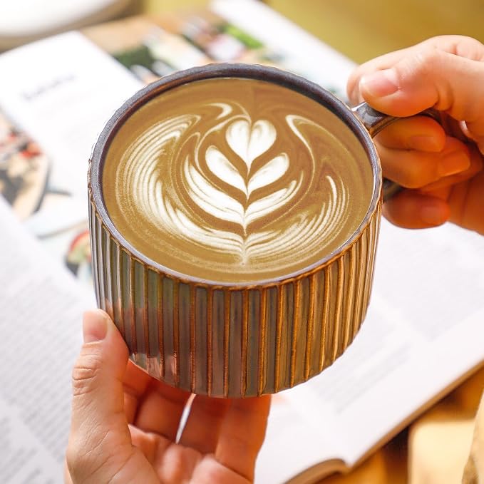 Hasense Coffee Mug Set of 4 - 15 oz Stackable Large Ceramic Ribbed Latte Cup Set - Image 7
