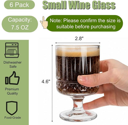 6 Pack Vintage Glass Goblets, 7.5 OZ Small Clear Wine Glasses, Retro Embossed - Image 2