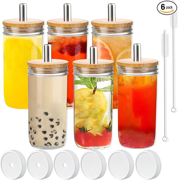 Yesland 6 Pack Glass Cups with Lids and Straws, 24 oz Mason Jar Smoothie Cup by Yesland