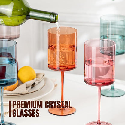 Chouggo Colored Square Wine Glasses Set of 6, Hand Blown Long Stem Premium Crystal White Red Wine Glass, Great Gifts for Wife & Mom, Wedding, Anniversary, Christmas, Birthday