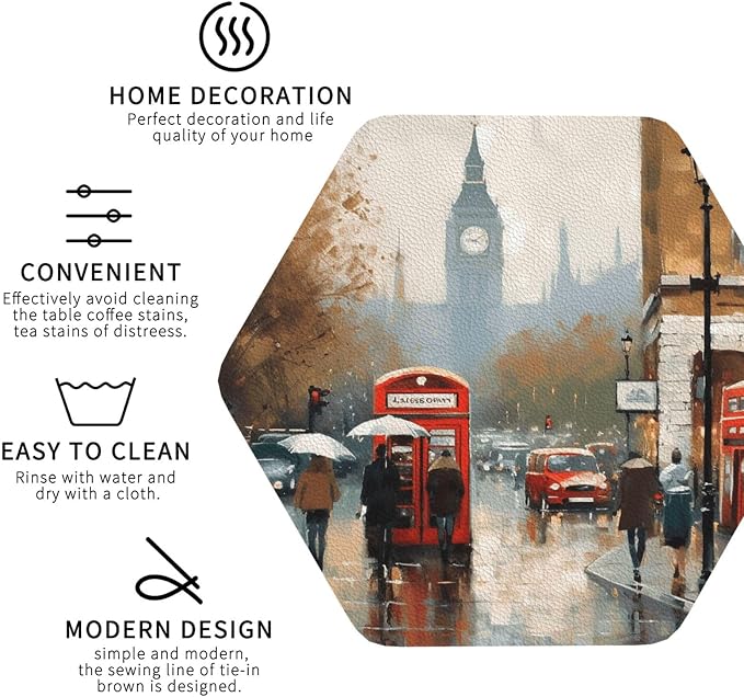 4Pcs Leather Coaster for Drinks London Impression Cup Coasters Aesthetic Drink - Image 3