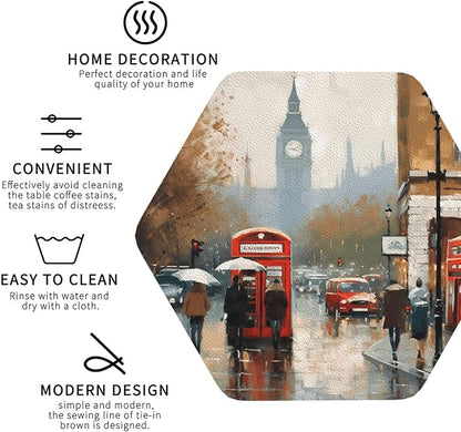 4Pcs Leather Coaster for Drinks London Impression Cup Coasters Aesthetic Drink - Image 3