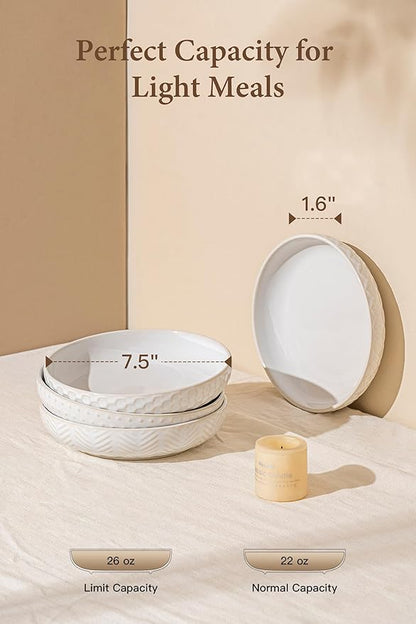 Embossed Ceramic Pasta Bowls Set of 4 – Medium 7.5-Inch, 26oz Serving Bowls for Pasta, Salad, Fruit – Stackable, Microwave & Dishwasher Safe – Great Gift for Housewarming or Everyday Use