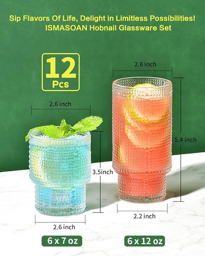 ISMASOAN Hobnail Drinking Glasses Set of 12, Stackable Glasses 12 oz & 7 oz | - Image 2