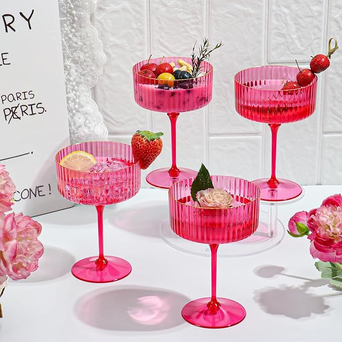 12 PCS Ribbed Coupe Glasses Hot Pink Plastic Champagne Coupe Cup 10oz Detachable Gold Rim Espresso Martini Glass Vintage Margarita Glassware Cocktail Glass Set for Valentine's Day Bachelorette Party