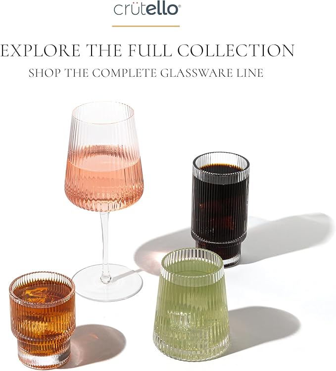 Crutello Modern Wine Glasses 17 oz Glassware, Set of 4, Unique Fluted Glassware with Vintage Ripple Texture, Art Deco Red or White Wine Fancy Glasses