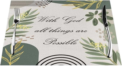 Bible Verse Christain Placemats Sage Green Boho Modern Scripture Inspirational Quotes Motivational Bohemian Washable Place Mats 12x18Inch for Dining Kitchen Farmhouse Decor 4 PCS