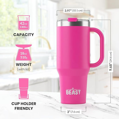 Beast 42 oz Tumbler with Handle Stainless Steel Vacuum Insulated Coffee Ice Cup Double Wall Travel Flask (Cupcake Pink)