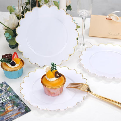 SUT 72Pcs Plastic Plates-7.5inch White Dessert Plates with Gold Trim, White Disposable Plates, Disposable Plates,Fancy Plastic Plates, Heavy Duty Plastic Plates for Parties