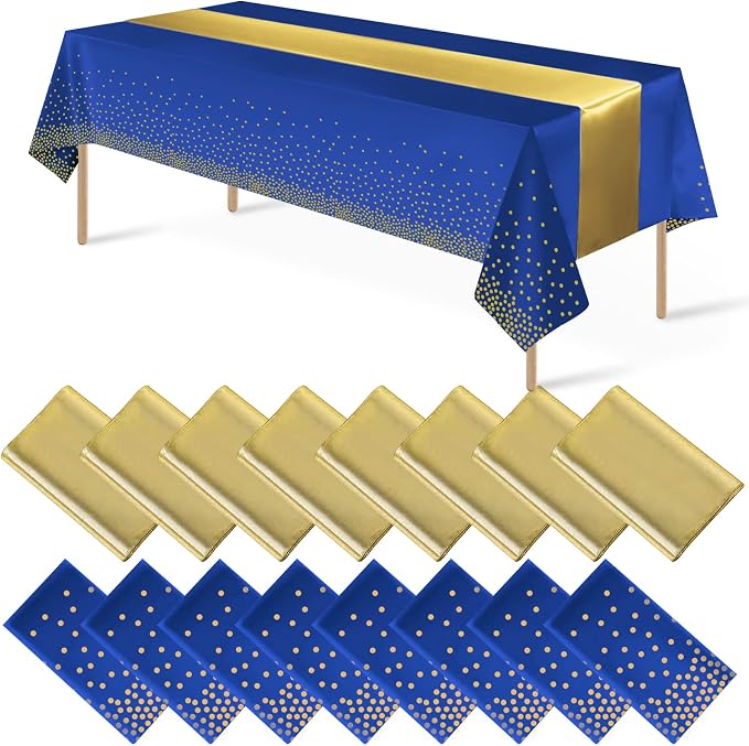 16Pack Disposable Plastic Tablecloths and Satin Table Runner Set Blue and Gold by MASHAN