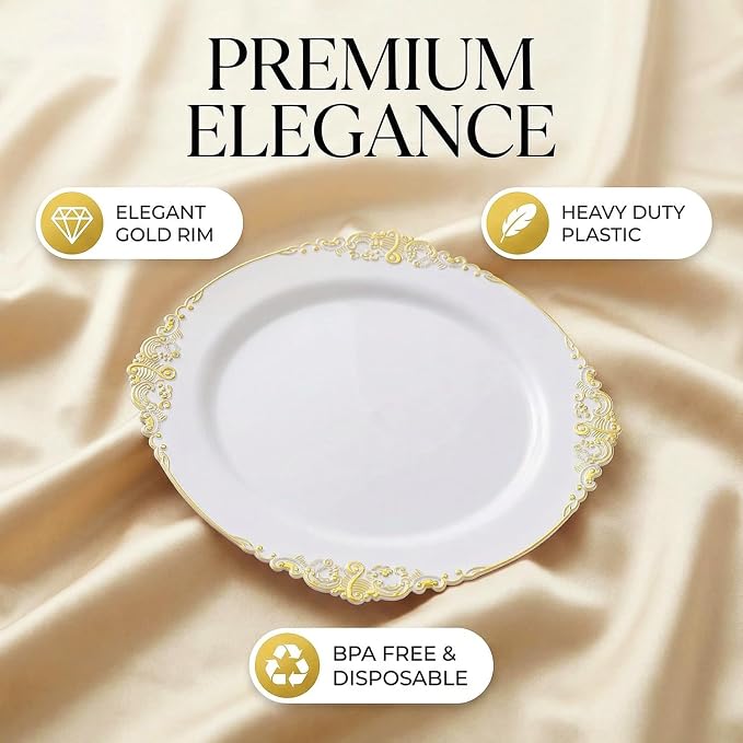 25 Pack 10.5 Inch golden Rim Plastic Plates, Heavy Duty Disposable White - Image 2
