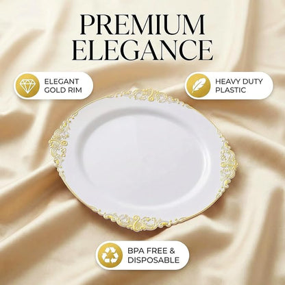 25 Pack 10.5 Inch golden Rim Plastic Plates, Heavy Duty Disposable White - Image 2