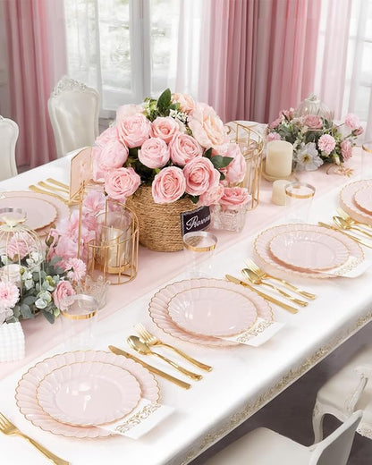 YOUBET 175PCS Pink Scalloped Plastic Plates - Gold Disposable Dinnerware Set Include 50 Plates, 75 Gold Silverware, 25 Cups, 25 Napkins for Party & Wedding & Baby Shower Valentines Day