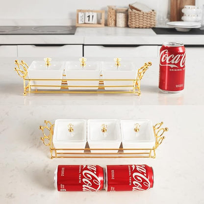YA JU Ceramic Bowls and with Lid Gold Basket Trays, 3 Removable Small Bowls Condiment Trays Nut Serving Set for Snacks, Fruits, Candy and Condiments - Great for Parties, Holiday Gifts, White