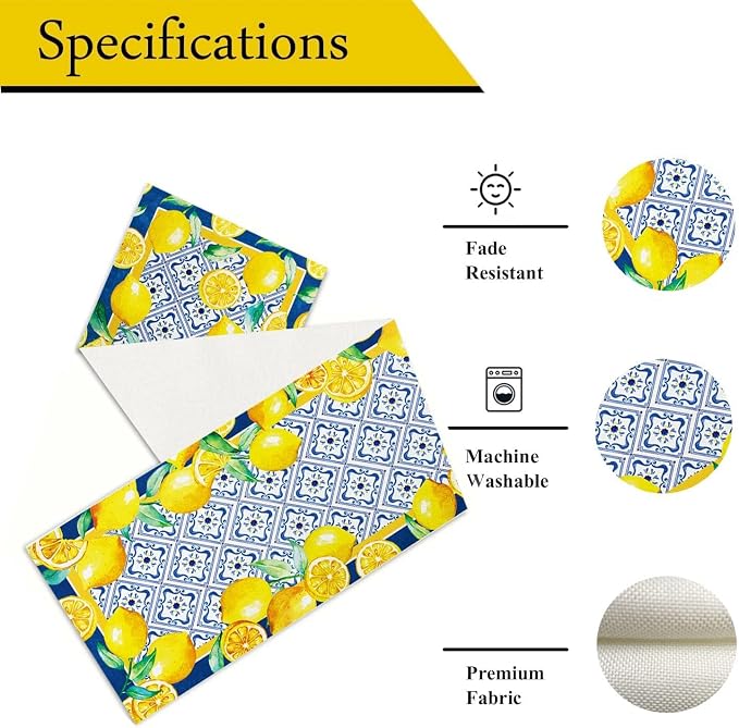 Capri Blue Lemon Table Runner Italy Tile Burlap Artificial Yellow Lemon Fruit - Image 5