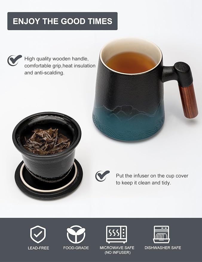 suyika Tea Cup with Infuser and Lid, 15.2 Ounce Wood Handle Ceramic Loose Leaf - Image 6