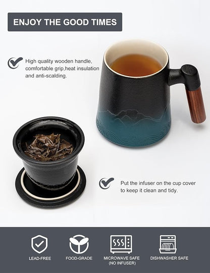 suyika Tea Cup with Infuser and Lid, 15.2 Ounce Wood Handle Ceramic Loose Leaf - Image 6