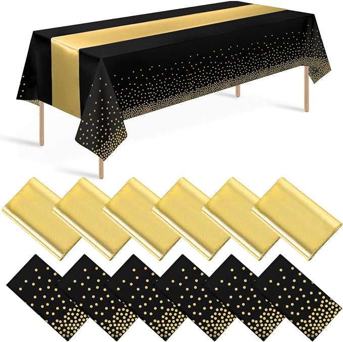 12 Pack Black and Gold Tablecloth and Table Runner Set Party Decorations by Zachely