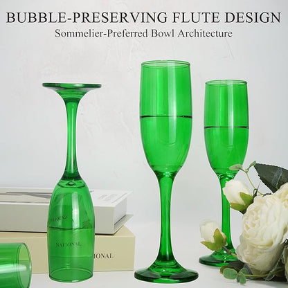 Champagne Flutes Glasses Set of 6-6oz Elegant Green Champagne Glass, Unique Green Colored Long stem Champagne Flute Gift for Wedding, Anniversaries, Parties, Birthday, Restaurant, Home Bar