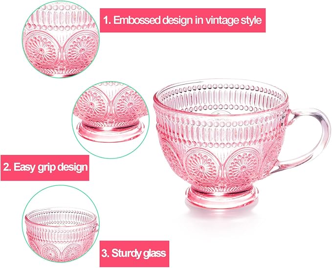 Vintage Glass Coffee Mugs with Handle-14 oz Pink Embossed Glass Cups - Image 3