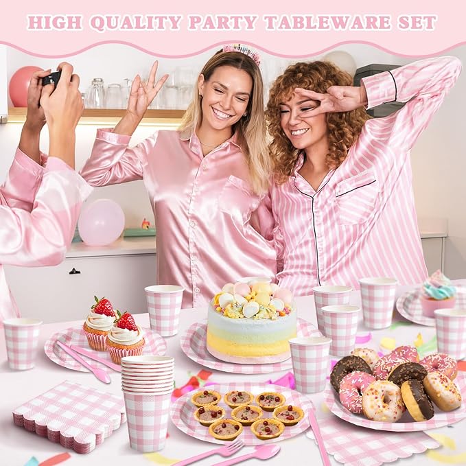 Vyntra 350 Pcs Pink Gingham Paper Plates and Napkins Set - Image 3
