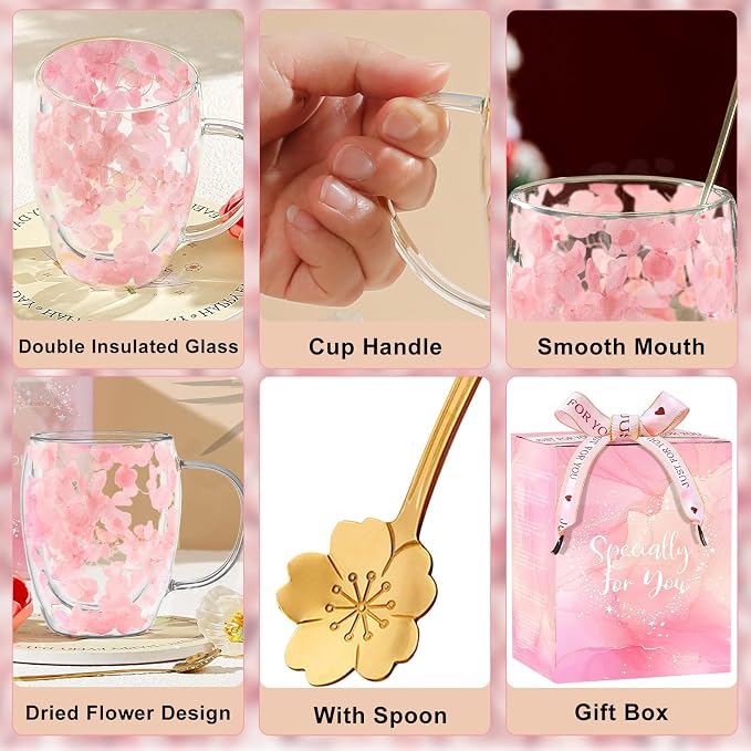 Gifts for Women Dried Flowers Double Wall Glass Coffee Mugs Cute Glass Tea Cups - Image 7