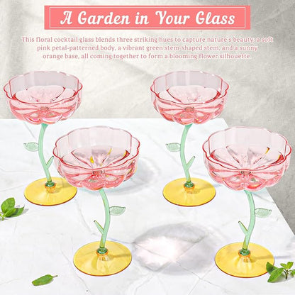 12 Pcs Pink Plastic Ribbed Coupe Glasses Detachable 7oz Flower Cocktail Glasses - Image 5