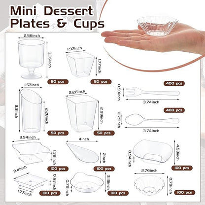 Tessco for you 1600 Pcs Mini Appetizer Plates Dessert Cups with Spoons Forks Set Assorted Shape Plastic Parfait Cups Dessert Plates Container Bowls with Disposable Spoon Fork for Party (Clear)