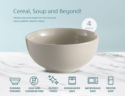 KooK Soup Bowls, Cereal Bowl, Ceramic, Bowls for Kitchen, Microwave, Dishwasher and Freezer Safe, Porcelain Dishes for Pasta, Salad, Oatmeal, Deep Interior, 20 oz, Set of 6, (Powder Grey)
