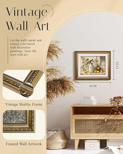 InSimSea Gold Framed Wall Art, Yellow Lemon Vintage Kitchen Wall Shelf Decor, Still Life Canvas Print Art, Dining Room Home Farmhouse Decor, Antique Paintings with Picture Frame 13x16inch