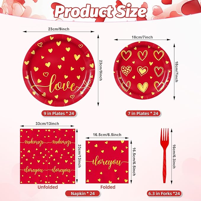 96 Pieces Valentine’s Day Love Tableware Set – Red and Gold Heart Disposable - Image 2