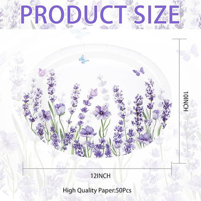 50 Pcs Lavender Oval Paper Plates Large 10" x 12" Spring Purple Lavender Floral Plates Disposable Heavy Duty Butterfly Flower Plates for Wedding Purple Baby Shower Lavender Birthday Party Decorations