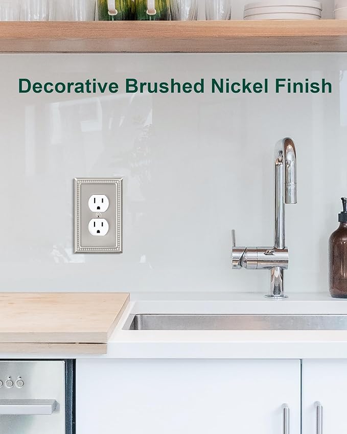 6-Pack Duplex Outlet Cover Plate, Metal Wall Plates for Electrical Outlets, Brushed Nickel 1 Gang Receptacle Cover, Pearls Decorative Switch Plates and Outlet Covers
