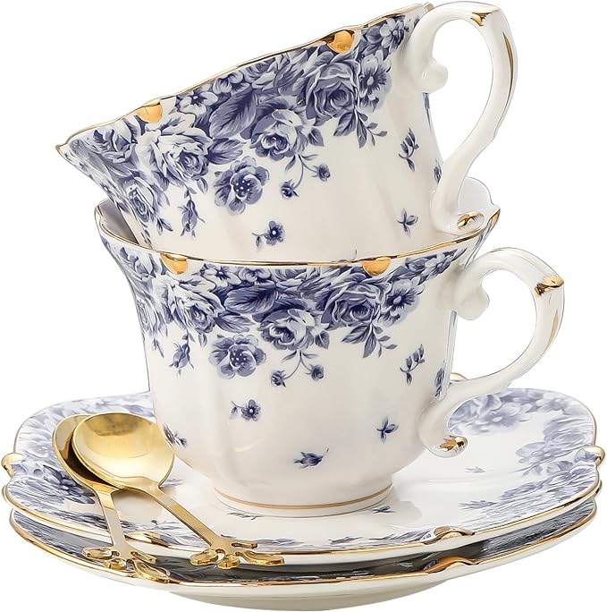 TATSUMI Country Roses Bone China Tea Cup and Saucer Set, 6 Pieces, Vintage Style by TATSUMI