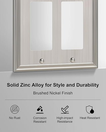 2-Pack Decorative Double Decorator Outlet Cover Plate, Durable Zinc Alloy Brushed Nickel Wall Plates for Electrical Outlets, Receptacle, GFCI Outlet, Dimmer Switch, 2-Gang