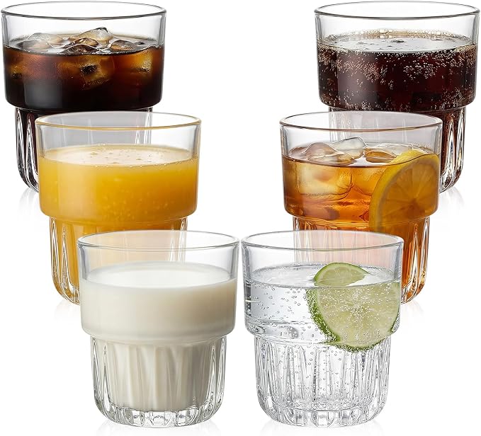 6 Pack Stackable Drinking Glasses 8.8 oz Clear Glass Cups by Yiyiring