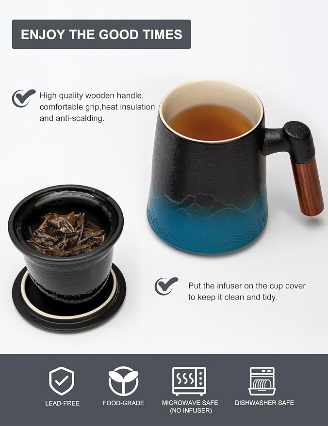 suyika Tea Cup with Infuser and Lid, 15.2 Ounce Wood Handle Ceramic Loose Leaf - Image 6