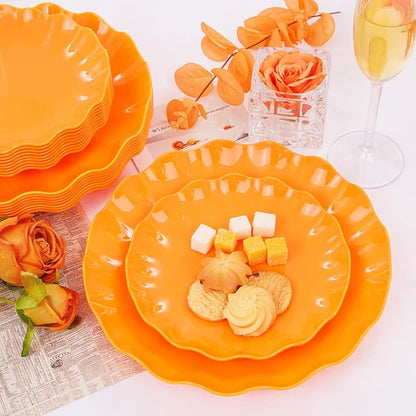 LIYH 24 Pcs Orange Plastic Plates Reusable Orange Plates Scalloped Plastic Plate for Holiday Party Dishwasher Safe Sturdy Reusable (12 Guests) Suitable for Holiday Gatherings