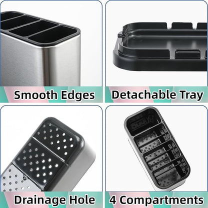 Utensil Holder,Stainless Steel Caddy Counter,Spoon holder,4 Compartments Silverware Caddy,Capacity Flatware Spoon Fork Tool Cutlery Holder（Silvery）