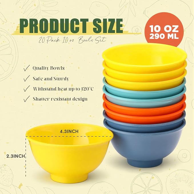 Tioncy 20 Pack 10 oz Rainbow Small Plastic Bowls Set Round Melamine Popcorn - Image 2