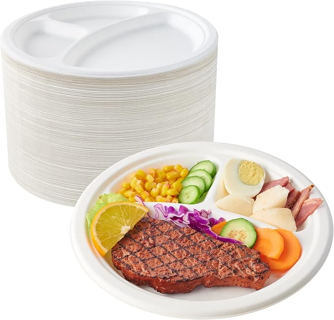 Compostable Disposable 3 Compartment Paper Plates, 10 inch, Heavy-Duty by ECOLipak