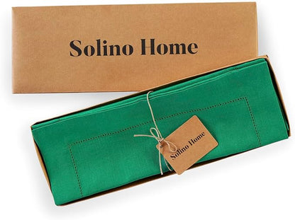 Solino Home Linen Cloth Placemats Set of 4-100% Pure Linen Hemstitch Emerald Green Placemats 14 x 19 Inch - Classic Hemstitch Table Place Mats for St Patricks Day