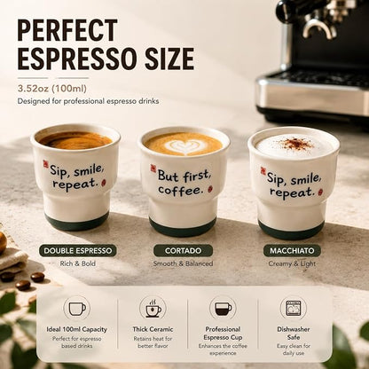Ceramic Espresso Cups Set of 2, 3.52 OZ Handleless Demitasse Cups, Stackable - Image 2