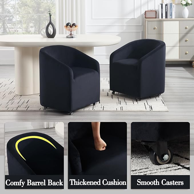 Modern Barrel Dining Chairs with Rolling Casters Set of 4, Upholstered Velvet Swivel Dining Room Chairs with Wheels for Kitchen Living Room Home Office, Black