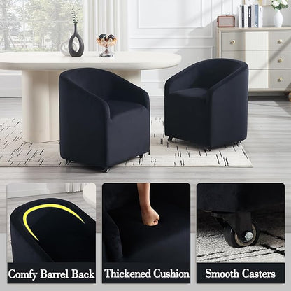 Modern Barrel Dining Chairs with Rolling Casters Set of 6, Upholstered Velvet Swivel Dining Room Chairs with Wheels for Kitchen Living Room Home Office, Black