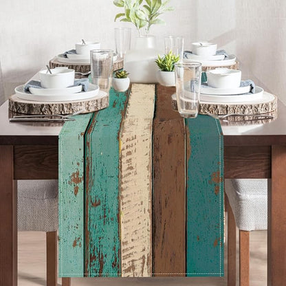 Vintage Farmhouse Wood Texture Dining Table Runner, Retro Rustic Teal | Brown - Image 5