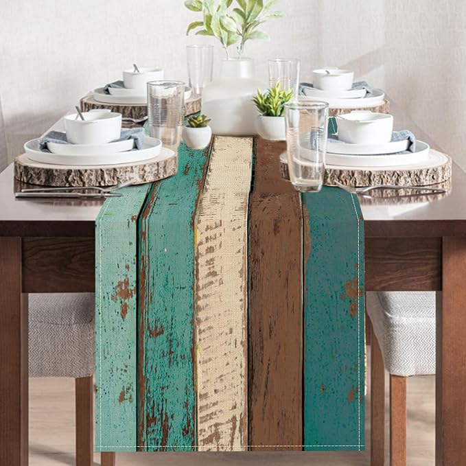 Vintage Farmhouse Wood Texture Dining Table Runner, Retro Rustic Teal | Brown - Image 5