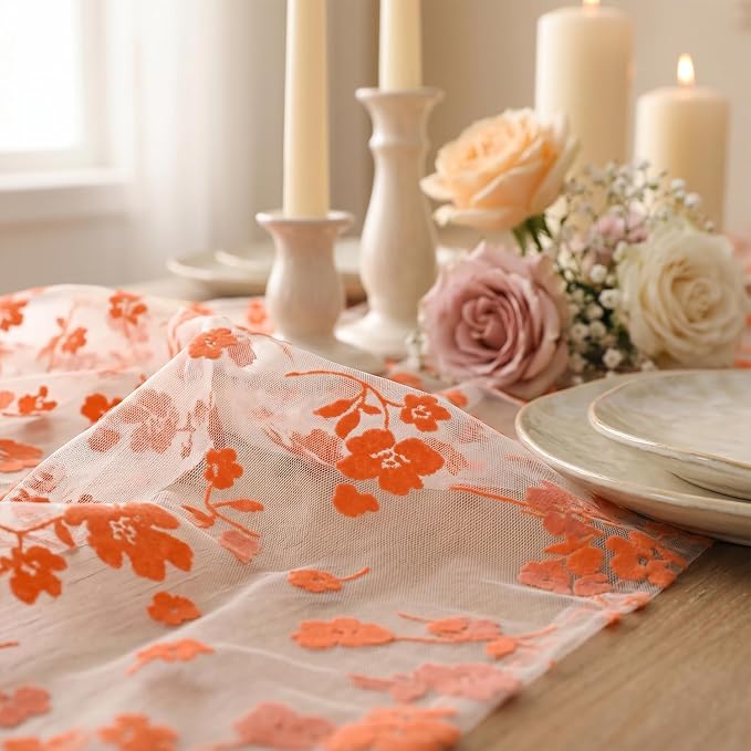 Artoid Mode Orange Gauze Flocking Flowers Table Runner 10FT, Fall Sheer Dining - Image 6