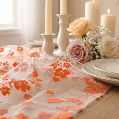 Artoid Mode Orange Gauze Flocking Flowers Table Runner 10FT, Fall Sheer Dining - Image 6