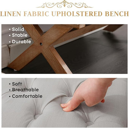 Bonzy Home 36" Tufted Entryway Bench with Storage,French Vintage Bedroom Bench with X-Shaped Legs, Linen Fabric Storage Ottoman Bench for Bedroom Dining Room Living Room Entryway, Gray